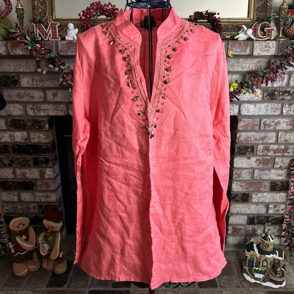 Rafaella 100% Linen Embellished Tunic Top Size Large